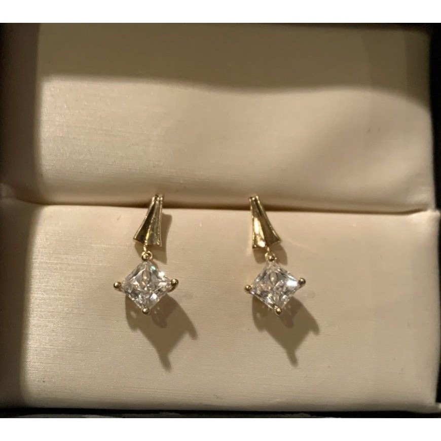 Vintage 14k Yellow Gold & Cubic Zirconia Drop Dangle Princess Earrings